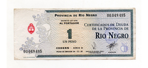 Bono Emergencia Provincia Rio Negro 1 Peso 1995 Cedern #377