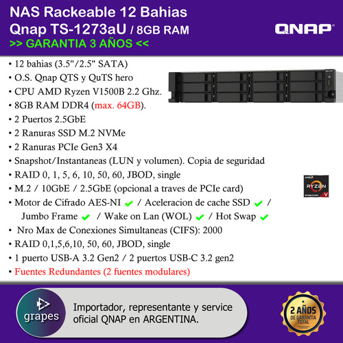 Nas 12 Bahias Qnap Ts-1273au 8gb Ram 2-fuentes 2.5g Amd Ryz
