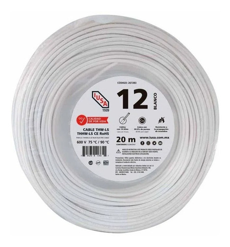 Cable Thhw-ls Rohs Calibre 12 Awg - Bolsa 20m Blanco