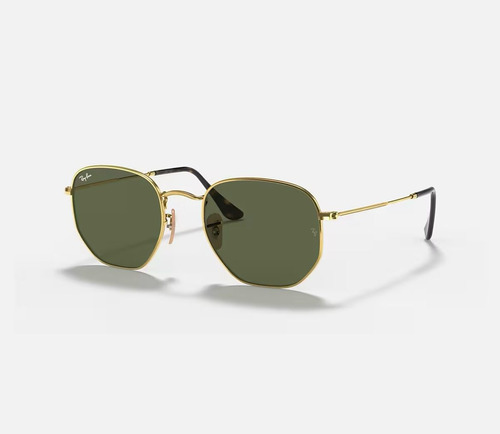 Óculos de sol Ray-Ban I-Shape Hexagonal Standard, design Mirror, cor dourado armação de metal cor polished gold, lente dark green de cristal clássica, haste polished gold de metal - RB3548