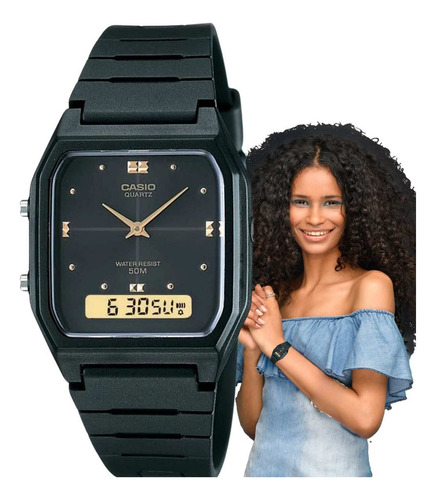 Relógio Casio Vintage Aw-48he-1avdf Dual Time Correia Preto Bisel Preto Fundo Preto