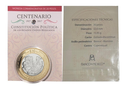 Blister Original 20 Pesos Centenario De La Constitución 1917