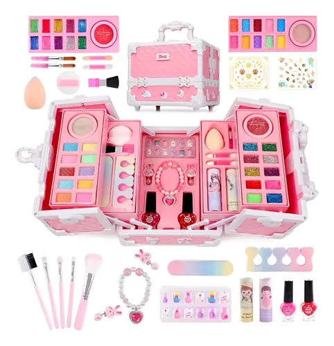 Set De Maquillaje Falso Para Niñas De 23 Piezas – Bolsa De Cosmético Con Espejo, Labiales, Pinceles Y Sombras, Regalo Para Niñas De 3 A 6 Años