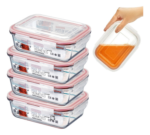 Kit 4 Potes De Vidro Retangular Hermético Com Travas 1040ml