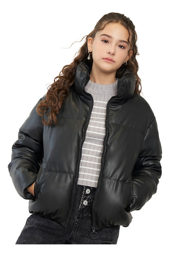 Parka Niña Teen Puffa Ecocuero Negro Corona