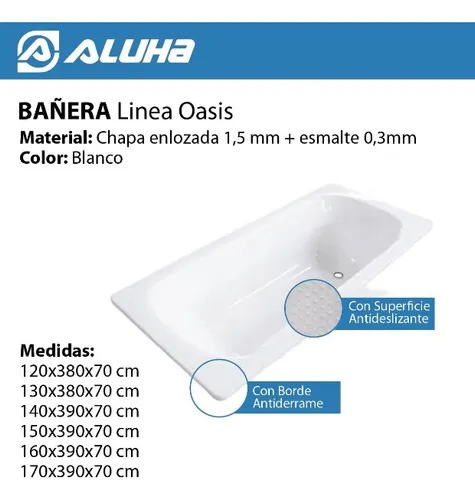 Bañera Chapa Enlozada Antideslizante 140 X 70cm Aluha Blanca