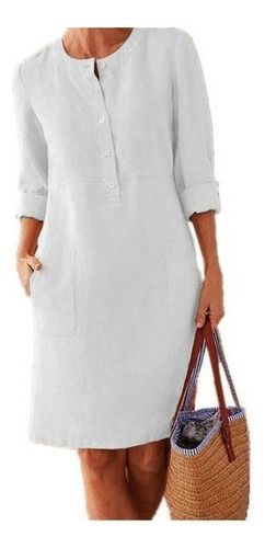 Casual Ladies Cotton Linen Loose Dress Botton Mi