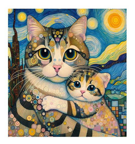 Vinilo 20x20cm Gato Van Gogh Con Su Bebe Pintura Baby