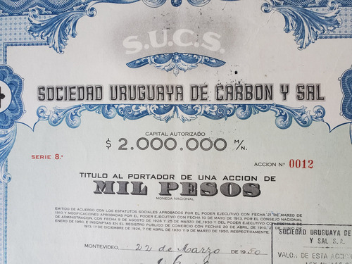 Sociedad Uruguaya De Carbón Y Sal, Acción Del Año 1950 (Usado)