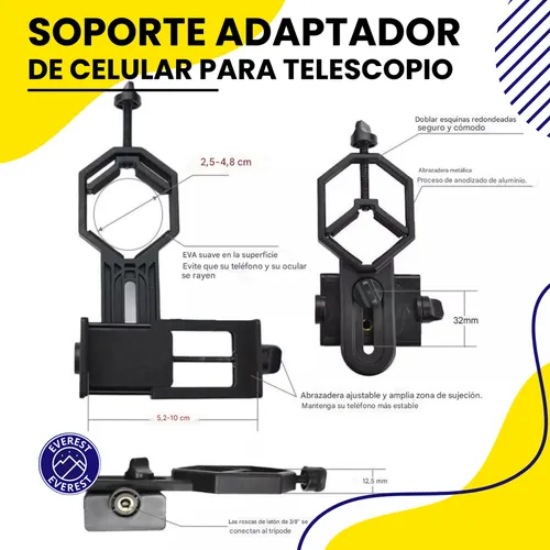 Soporte Adaptador Telescópico Para Celular De Alta Calidad Premium, Compatible Con Telescopios Y Dispositivos Móviles Everest