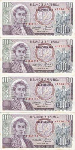 Colombia Cuarta Números Consecutivos, 10 Pesos 1 Enero 1975