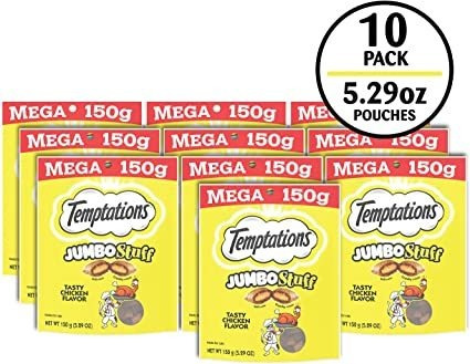 10x Sobres Temptations Premios Crujiente Gatos Sabor Pollo