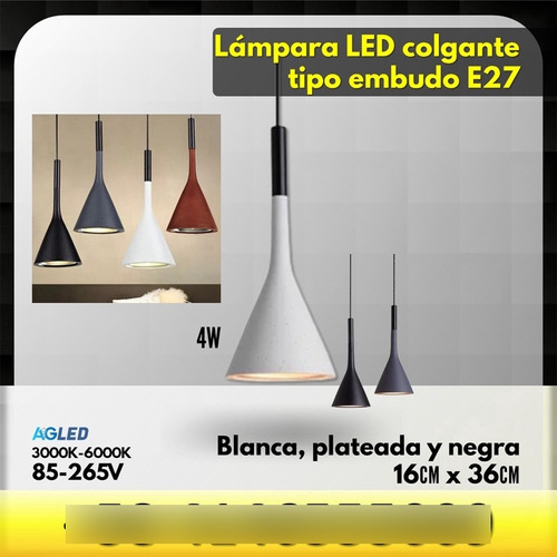 Lampara Led Colgante Embudo E14 4w Blanca 4000k Cocinas