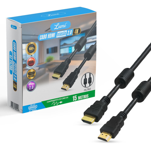 Cabo Hdmi 2.0 Com Filtro E 15m De Comprimento 19 Pinos 4k Ultra Hd Lumi