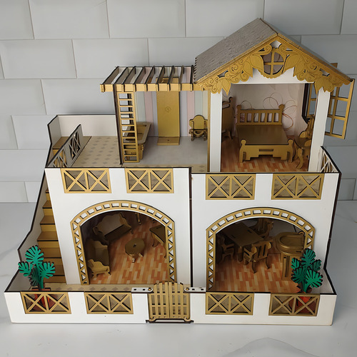 Casinha De Bonecas Infantil Mdf 2 Andares 22 Móveis Dourada