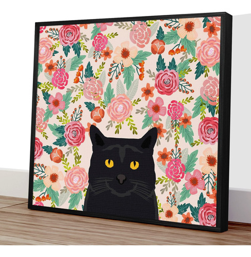 Imagem 3 de 4 de Quadro Decorativo 40x40 - Linha Pet Gato Preto Floral