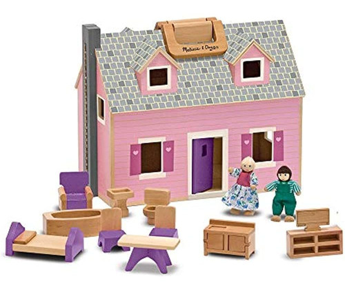 Melissa & Doug Casa De Muñecas De Madera Fold And Go Con 4 M