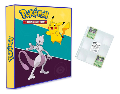 Álbum Pasta Fichário Pokemon + 10 Folhas Mega Mewtwo Pikachu