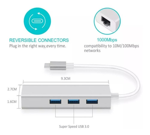 Imagen 3 de 10 de Hub Usb C 3.1 X Puertos Usb 3.0 + Red Aluminio Premium
