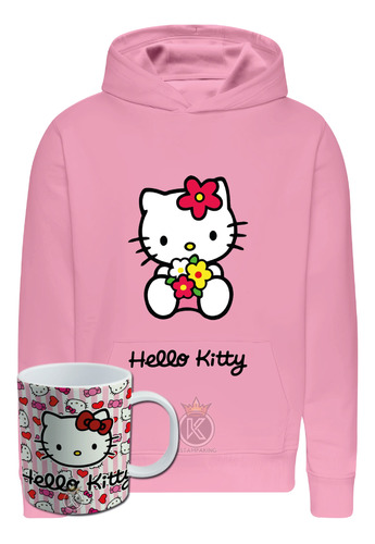 Poleron Hello Kitty + Tazon - Gatita - Pegatina - Flor - Niño - Sanrio - Gato - Flores - Estampaking