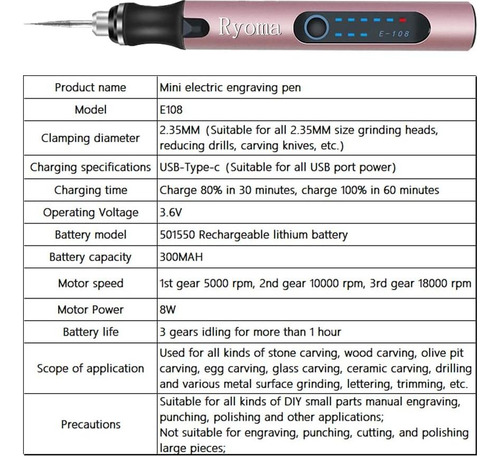Bolígrafo Grabador Eléctrico Ryoma Oro Rosa Recargable