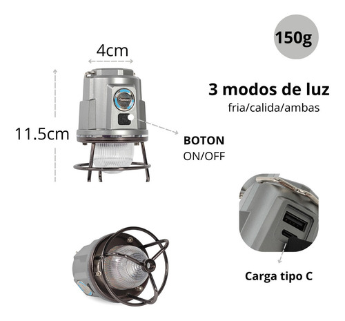 Mazoom E-2389 Luz De Ambiente Portátil Para Camping Retro Carga Tipo-c Tres Modos De Luz Con Gancho Metálico Con Soporte Ipx4 Impermeable Usb Carga Inversa
