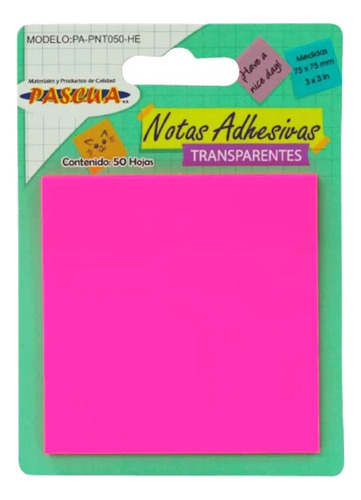 Block Notas Adhesivas Transparentes,pascua 3x3 In, 50 Hojas. Color Neón Rosa