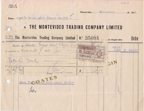 1945 Recibo Montevideo Trading Company Limited Con Timbre 