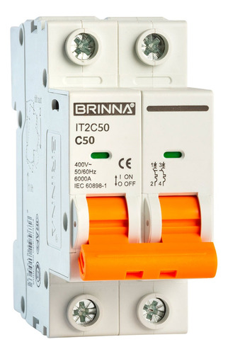 Llave Termica Bipolar 50 63amp Brinna 6ka Color Blanco Corriente Nominal 50 A Voltaje Nominal 400v