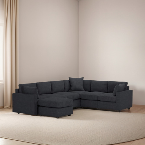 Sala Seccional Modular Esquinera De 6 Plazas + Pillow Pack Gris Oscuro Liso