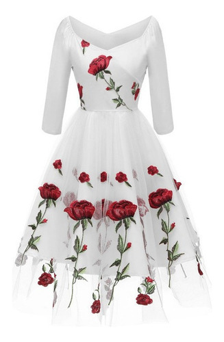 Señoras Rosa Bordado Malla Damas Vestido Blanco