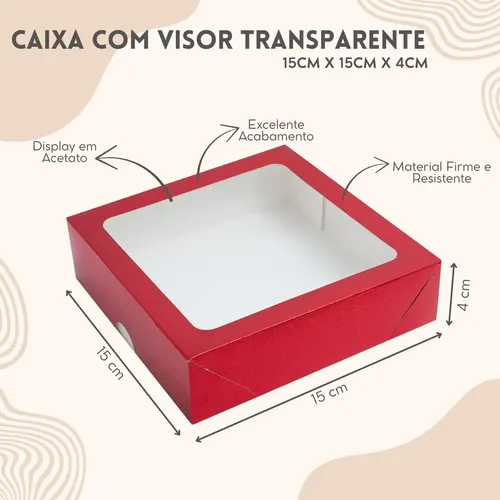 Caixa Com Visor Embalagem Presente 15x15x4 C/ 10un Vermelha