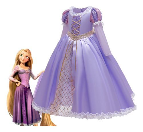 Vestido Princesa Rapunzel De Malla Para Niña, Enredados, Abanico
