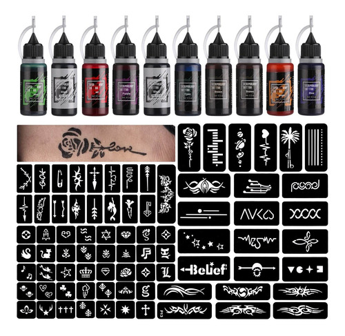 Stigma  temporary Tattoo Kit 10 Bottles Color Inks, 84 Pcs S