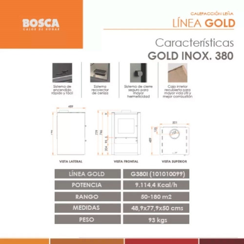 Salamandra Bosca Gold 380 Ac Inox Estufa Leña 180m2 9100 Kca