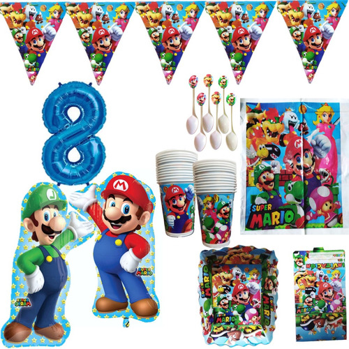 Kit Decoración Mario Bros 12 Personas + Globos + Numero