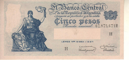 Bottero 1875 Billete De 5 Pesos M/ Nac. Año 1958 - Sin Circ.