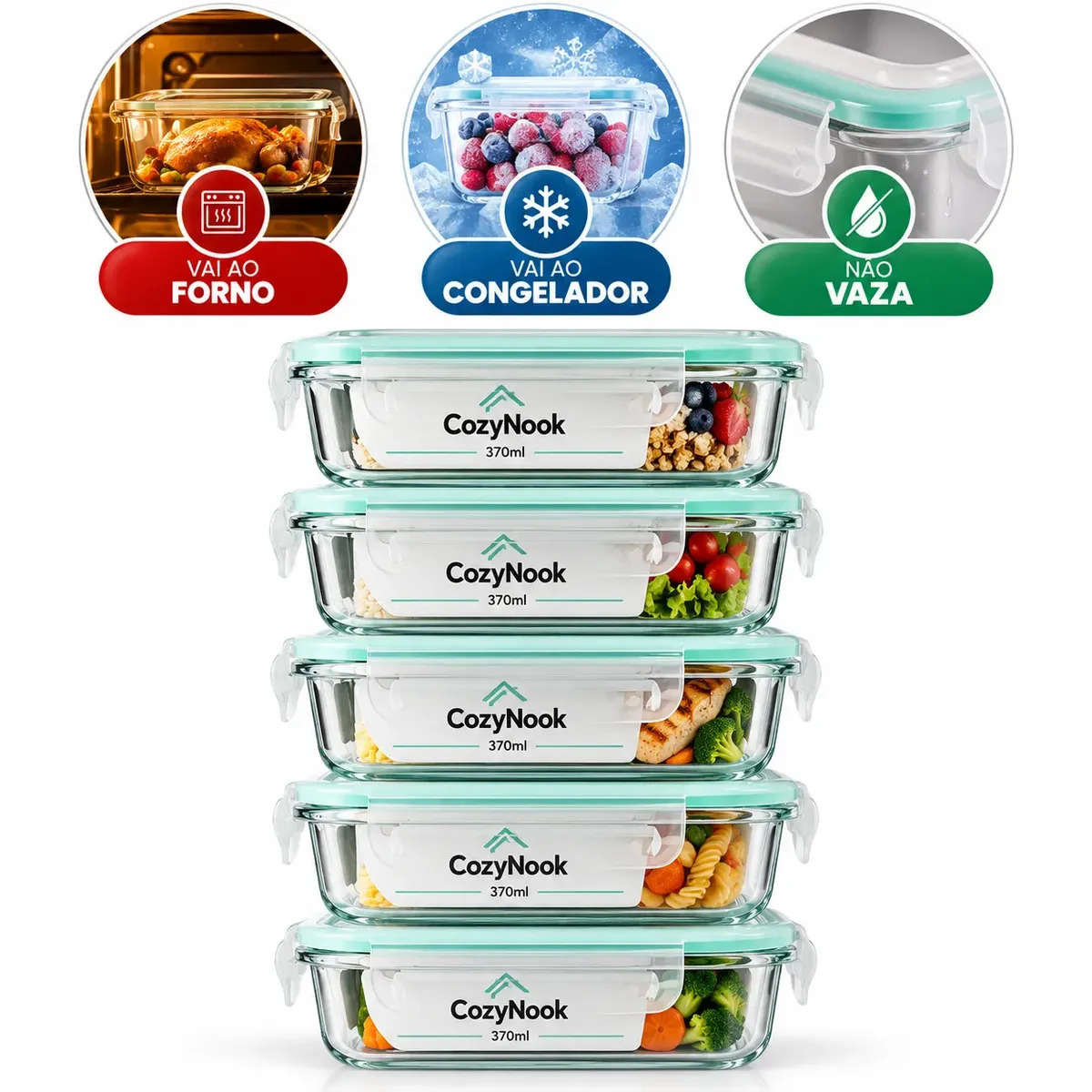 Kit Com 5 Potes De Vidro Borossilicato Para Marmita Tampa Hermética 370ml Livre de BPA - Cozynook