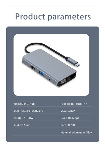 Imagem 8 de 12 de Hub Usb C Multiporta Tipo C Portátil Para Hdmi 9 Em 1 Usb