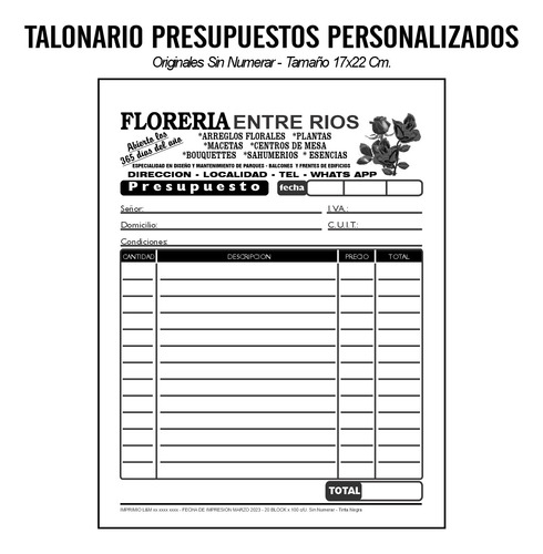 50 Talonarios Presupuesto - Nota Pedido - Comprobante 17x22