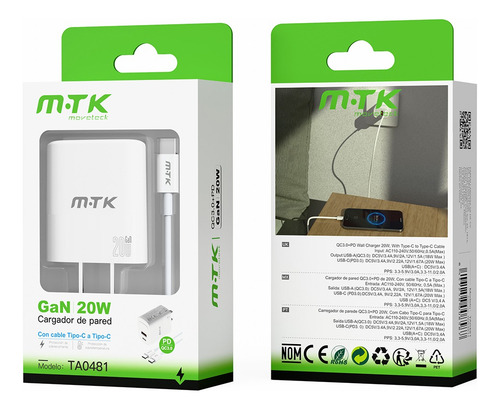Cargador Carga Rápida Tipo C PD 20w + Usb-A 18w Gan Dual Salida