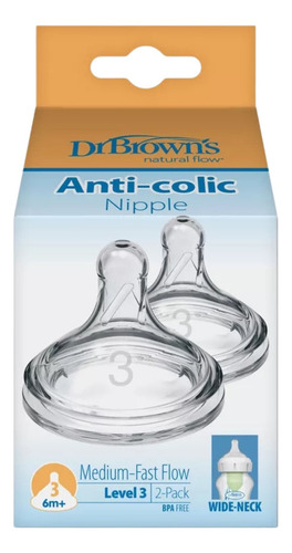 Pack 2 Tetinas Para Biberón Dr Browns Cuello Ancho Options+ Nivel 3 6m+