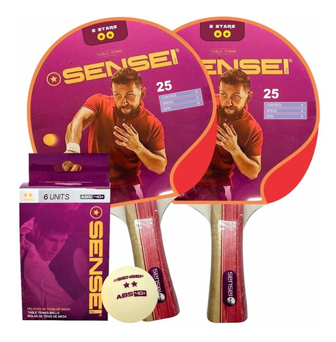 Combo Ping Pong Sensei 2 Estrellas Pack 2 Paletas + Pelotas