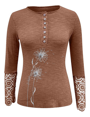 Tops De Manga Larga Estampados Holgados Con Cuello Redondo Y