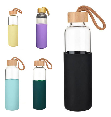 20 Botella De Vidrio Para Agua Bebidas Tapa Bambu Silicona Color Negro