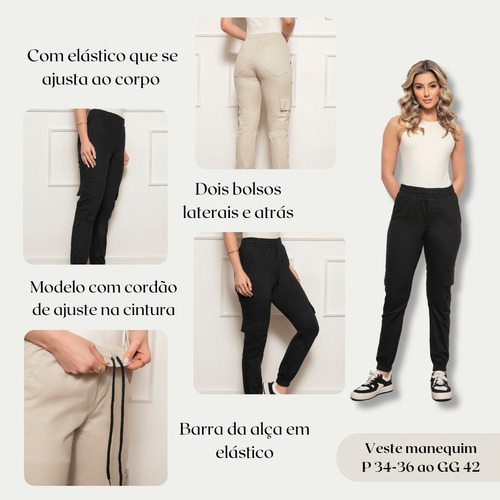 Calça Feminina Sarja Cargo Jogger Com Elástico Cintura