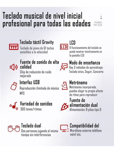 Teclado Musical Avanzado 61 Teclas Ym 928 Midi Velocidad