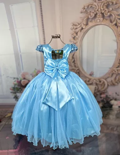 Vestido Festa Infantil Da Cinderela Azul Com Detalhes Amarelo