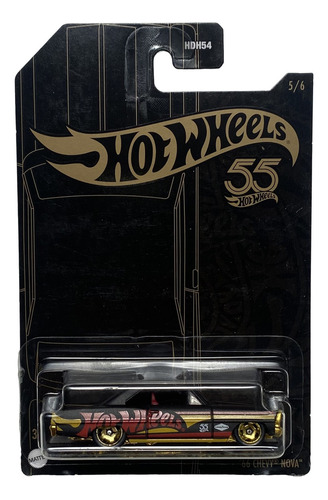 55º aniversário do Hot Wheels 5/6 - 66 Chevy Nova cor preta com ouro e vermelho