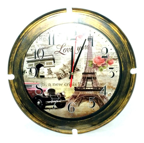 Reloj De Pared Redondo 30 Cm Fondo París Torre Eiffel